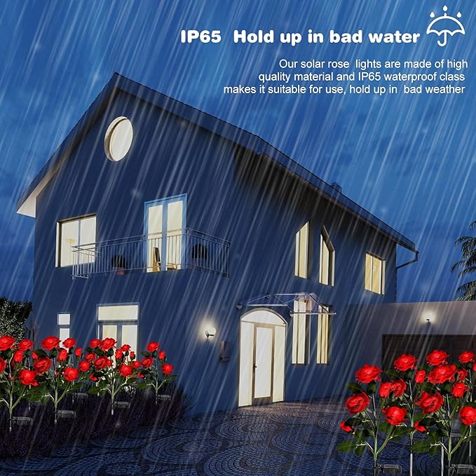 4 Pack Outdoor Solar Flower Lights with 20 Waterproof Realistic Solar Powered Rose Flowers Waterproof Decorative Lights for Garden Outside Patio Yard Lawn Pathway Backyard Decor(Red)