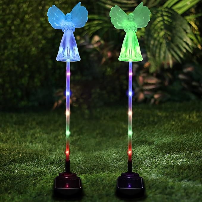 2 Pack Solar Angel Lights Outdoor, Solar Powered Color Changing Garden Stake Lights, Waterproof Memorial Decorative Lights for Cemetery Grave Yard Patio