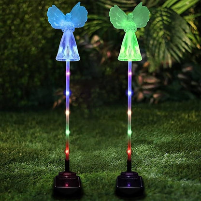 2 Pack Solar Angel Lights Outdoor, Solar Powered Color Changing Garden Stake Lights, Waterproof Memorial Decorative Lights for Cemetery Grave Yard Patio