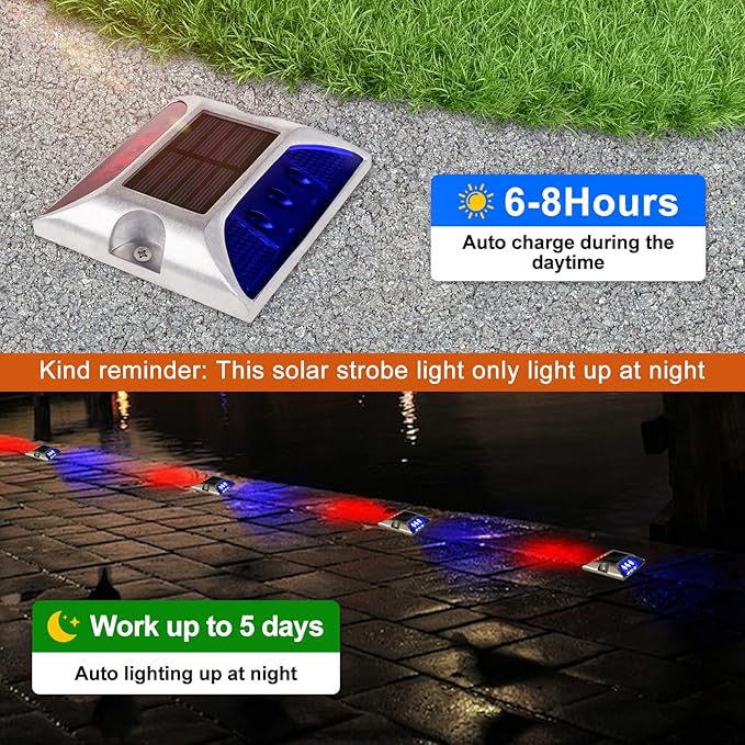 Aolyty Solar Driveway Lights Outdoor, Bright Solar Dock Lights, LED Warning Light Reflective Road Marker Steady Light IP65 Waterproof for Deck Sidewalk Stair Step Pathway (Red & Blue, 4 Pack)