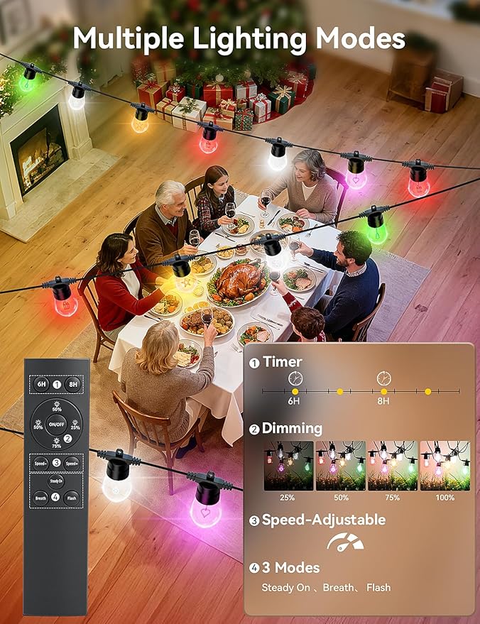 Brightever LED Outdoor String Lights, 50FT Patio Lights with 16 S14 Christmas Filament Bulbs, Dimmable&Speed Adjustment, Plug in IP65 Waterproof Outside Hanging Lights with Remote for Porch, Deck