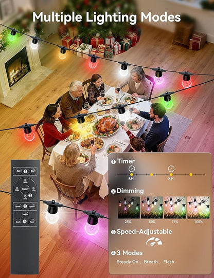 Brightever LED Outdoor String Lights, 50FT Patio Lights with 16 S14 Christmas Filament Bulbs, Dimmable&Speed Adjustment, Plug in IP65 Waterproof Outside Hanging Lights with Remote for Porch, Deck
