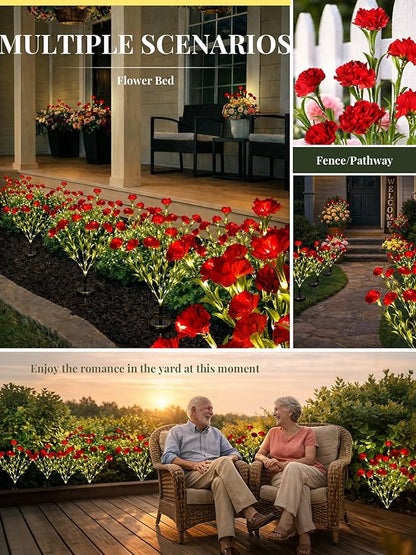 GIGALUMI Solar Lights Outdoor for Garden Decor, 4 Pack Solar Flower Lights Waterproof, 2 Lighting Modes 28 Carnation Flowers for Pathway,Yard, Patio Decoration, Gardening Gifts for Women (Red)