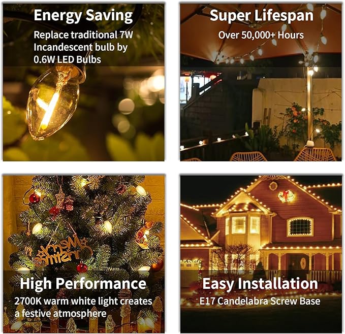 C9 LED Christmas Lights Outdoor 25FT, 25 Energy Efficient Warm White Vintage Bulbs, Connectable, Weatherproof for | Lumora