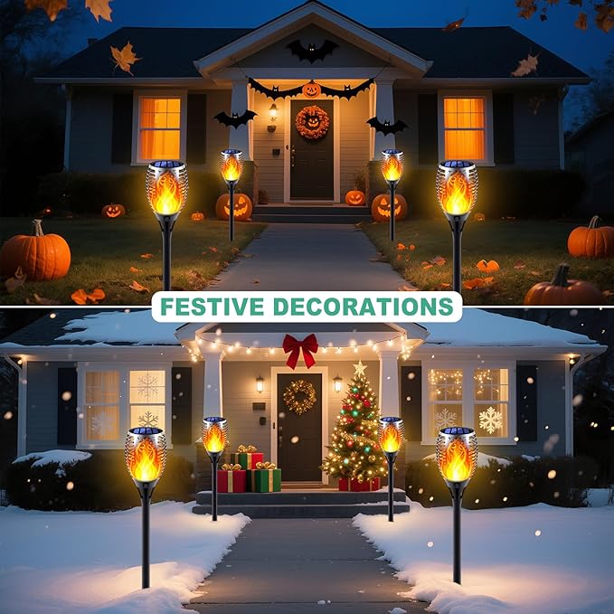 Solar Torch Light with Flickering Flame, 6 Pack Dancing Flame Torches for Patio, Auto On/Off Dust to Dawn Waterproof Outdoor Solar Lights for Garden Halloween Decorations