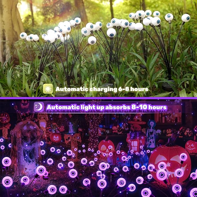 Solar Halloween Lights Decorations Outdoor: 2 Pack16 LED Scary Purple Eyeball Light Waterproof for Yard Outside Decor - Swaying Firefly Garden Lighting Pathway Party Easter Decorative
