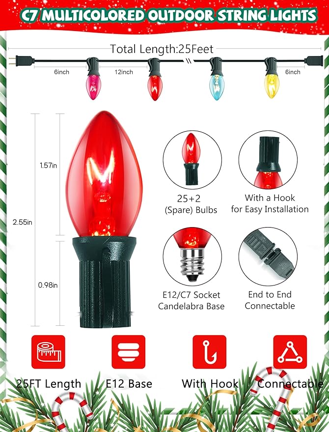 25Ft Multicolor Chritsmas Lights Outdoor, C7 Vintage String Lights with 27 Colorful Clear Incandescent Bulbs, Hanging Patio Lights for Porch Roofline Christmas Tree Garden Pathway Indoor Decor