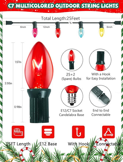 25Ft Multicolor Chritsmas Lights Outdoor, C7 Vintage String Lights with 27 Colorful Clear Incandescent Bulbs, Hanging Patio Lights for Porch Roofline Christmas Tree Garden Pathway Indoor Decor