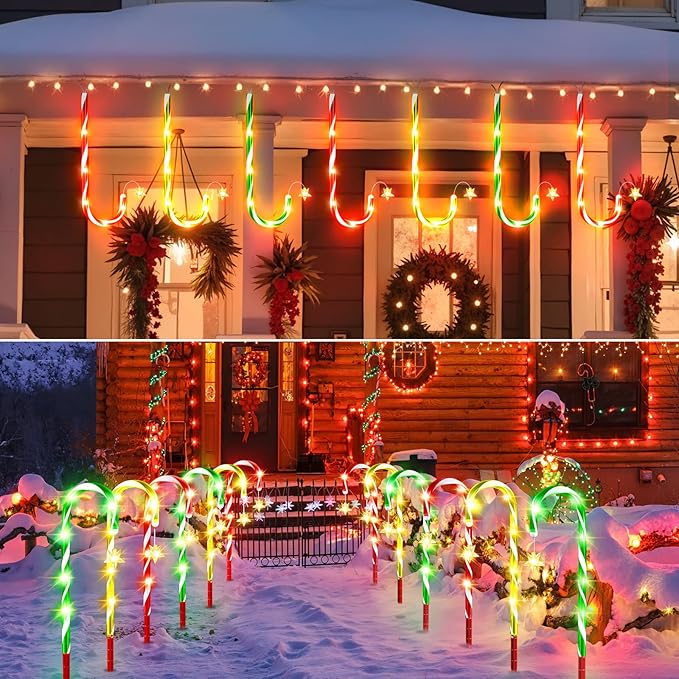 2025 Upgraded Christmas Decorations Outdoor Solar Candy Cane Lights, 10 Modes Waterproof Solar Christmas Pathway Lights with USB Charge, 28 FT 72 LEDs Outdoor Xmas Decor for Yard Lawn Porch Holiday