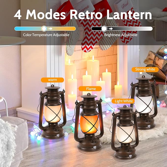 2 Pack Vintage Lantern Flickering Flame Rechargeable LED Retro Camping Lights 4 Modes Remote Control Battery | Lumora