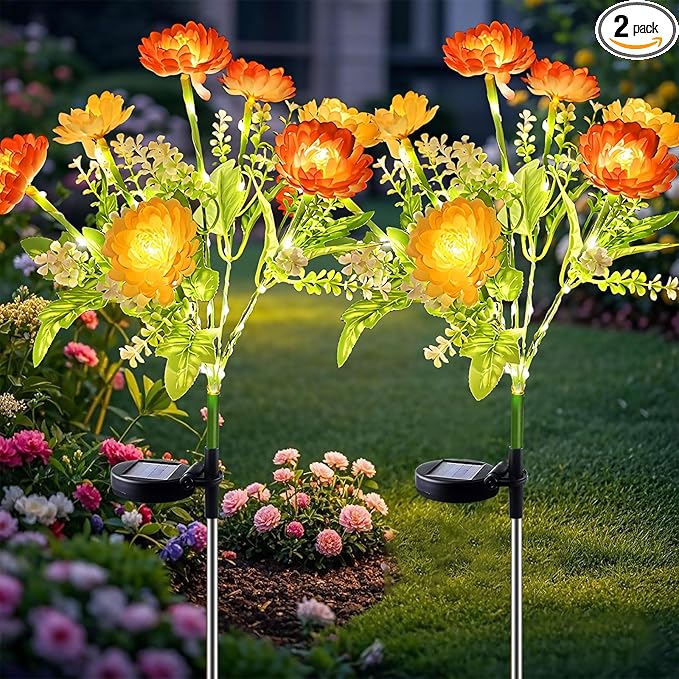 Snow Lotus Solar Garden Light, 2 Pack Solar Flower Light Outdoor, Waterproof Decorative LED Landscape Lights for Yard Patio Decor, Orange