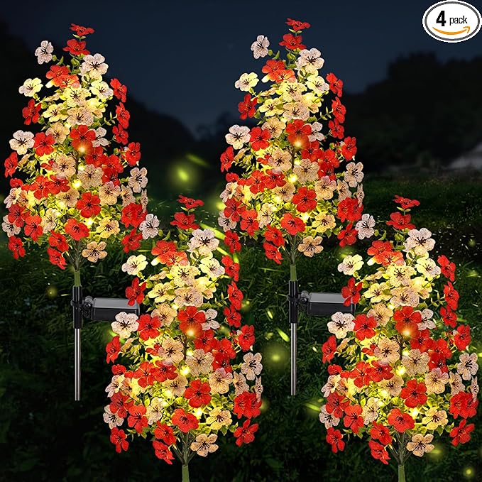 Solar Garden Flower Lights Outdoor Waterproof 4 Packs Solar Lights with Fake Orchid Flower Fairy Lights Outdoor Patio Yard Pathway Decoration Ideal Gifts for Women Mother's Day