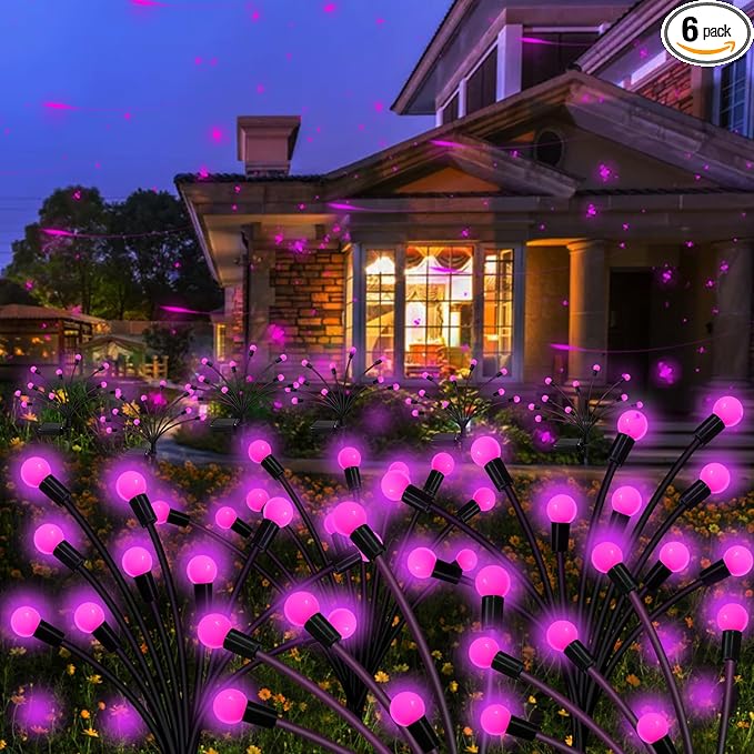 Kohlrabi Solar Garden Lights Outdoor, 6 Pack 60 LED Pink Firefly Lights Waterproof, Sway by Wind, Solar Swaying | Lumora