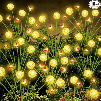 Solar Garden Lights Outdoor (10 Pack 80 LED), Solar Swaying Dandelion Bee Lights Waterproof, Cute Flower Pathway Lights for Yard Lawn Patio Decorations, 2 modes (Steady on, Slow Twinkle), Warm White