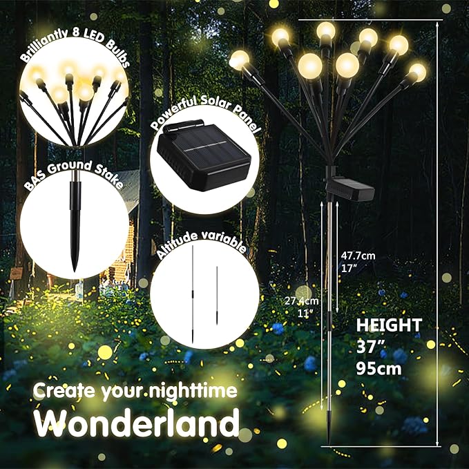 Solar Firefly Lights,4 Pack,Solar Garden Lights,Firefly Lights,Outdoor Waterproof Yard Decorations,Christmas Party Decorations,Variable Height,High Flexibility Iron Wire & Heavy Bulb Base