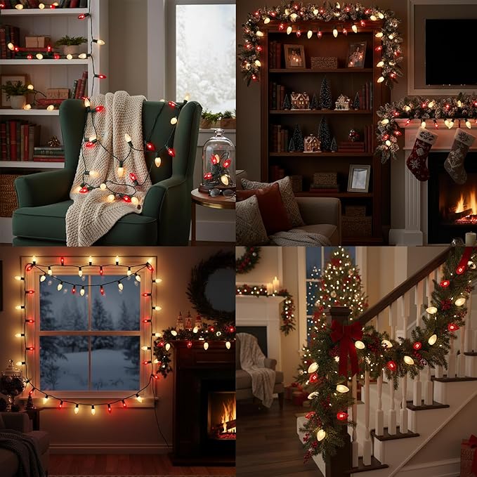 25FT C9 Christmas Outdoor Lights,Red and Frosted White Christmas Lights with 26 Bulbs(1 Spare),Commercial Vintage Red White String Light for Tree Yard Garden Porch Party