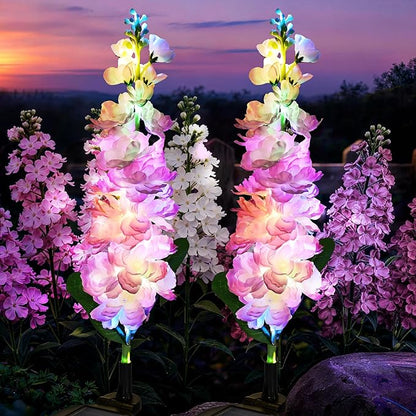 GIGALUMI Solar Lights Outdoor for Garden Decor, 2 Pack Solar Flower Lights Waterproof, 2 Lighting Modes Delphinium for Pathway,Yard, Patio Decoration, Gardening Gifts for Women (Pink)
