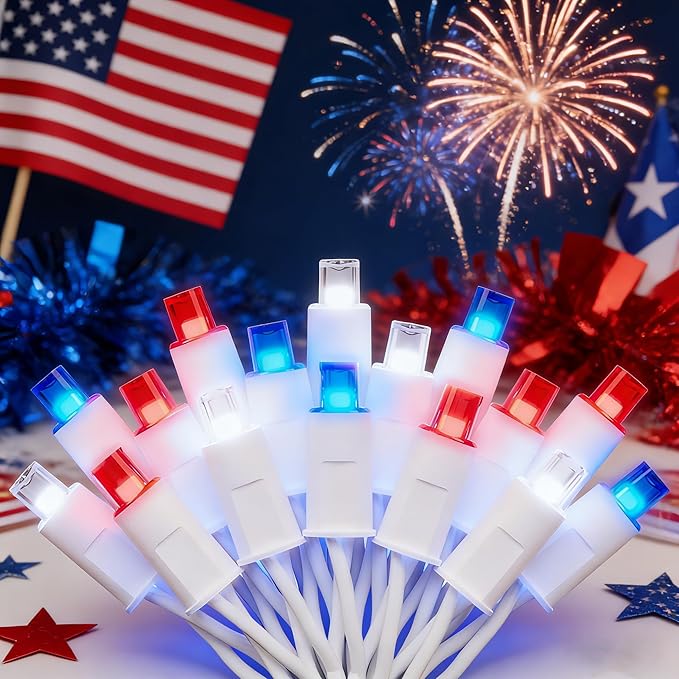 American LED String Lights (Red & White & Blue - Steady, 25FT), Mini LED USA String Lights, Waterproof Fairy Patriotic Lighted Decor for Holiday Party Patios July 4th Independence Day New Year