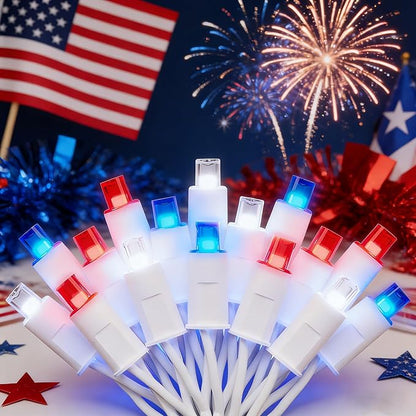 American LED String Lights (Red & White & Blue - Steady, 25FT), Mini LED USA String Lights, Waterproof Fairy Patriotic Lighted Decor for Holiday Party Patios July 4th Independence Day New Year