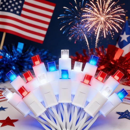 American LED String Lights (Red & White & Blue - Steady, 25FT), Mini LED USA String Lights, Waterproof Fairy Patriotic Lighted Decor for Holiday Party Patios July 4th Independence Day New Year