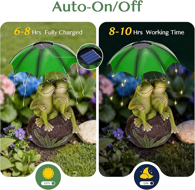 Solar Garden Statues Decor Frog Couple with LED Lights and Umbrella, Spring Outdoor Garden Statues, Frog Statue for Patio, Balcony, Housewarming, Yard Ornaments Gifts for Women