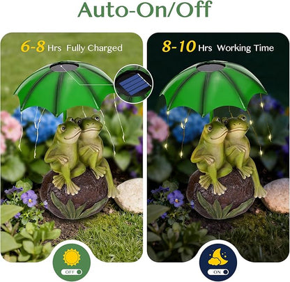 Solar Garden Statues Decor Frog Couple with LED Lights and Umbrella, Spring Outdoor Garden Statues, Frog Statue for Patio, Balcony, Housewarming, Yard Ornaments Gifts for Women