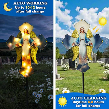 Solar Virgin Mary Cross Garden Lamp for Grave - Angel Wing Memorial Decoration, Waterproof Solar Stake Lamp for Easter, Courtyard, Yard - Sympathetic Gift for Loved Ones. Elegant Cross