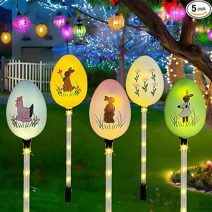 Solar Easter Bunny Egg Lights - 5 Pack Outdoor Solar Path Lights with 8 Lighting Modes, Waterproof Garden Stake Lights for Easter, Birthday, Housewarming Gifts & Outdoor Decor