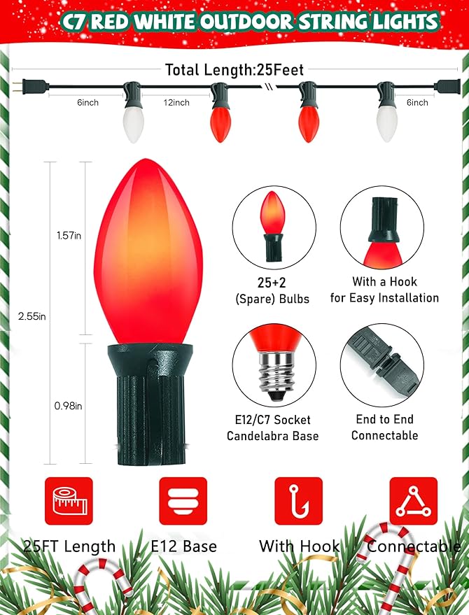 25Ft Multicolor Chritsmas Lights Outdoor, C7 Vintage String Lights with 27 Red White Ceramic Incandescent Bulbs, Hanging Patio Lights for Porch Roofline Christmas Tree Garden Pathway Indoor Decor