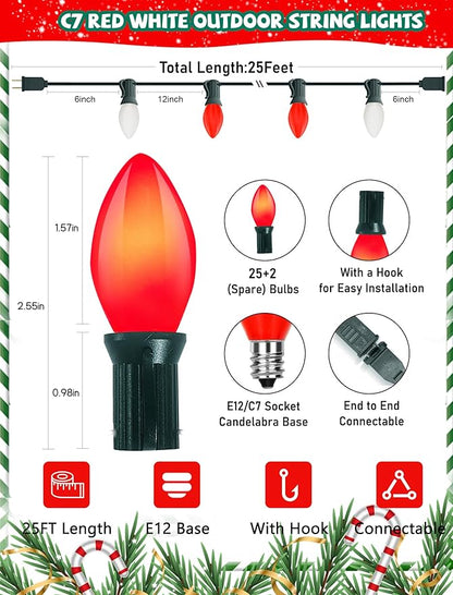 25Ft Multicolor Chritsmas Lights Outdoor, C7 Vintage String Lights with 27 Red White Ceramic Incandescent Bulbs, Hanging Patio Lights for Porch Roofline Christmas Tree Garden Pathway Indoor Decor