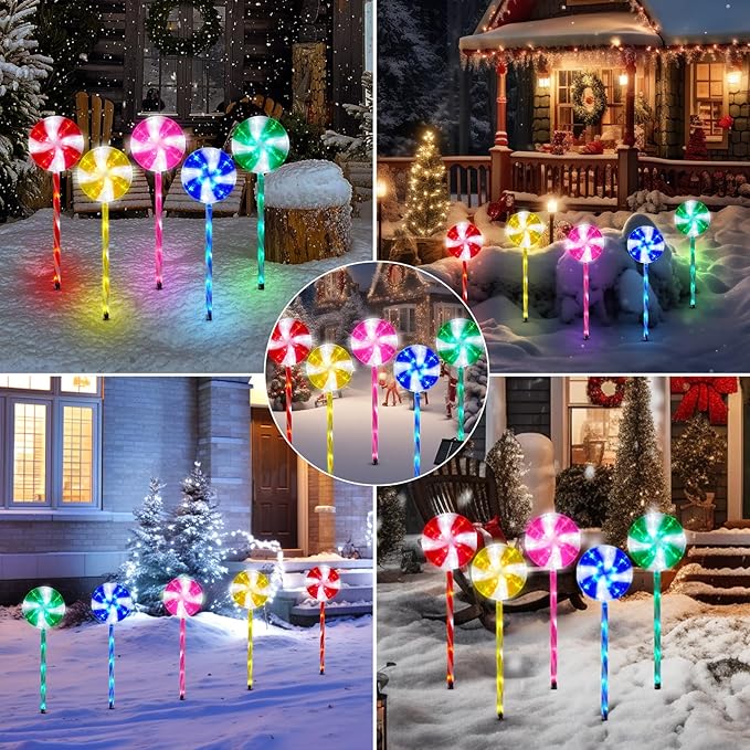 Outdoor Christmas Decorations Solar Pathway Lights, Set of 5 Lollipops Peppermint Stake Lights, 8 Modes Candy Cane Walkside Lights, Outdoor Xmas Decoration for Walkway,Yard