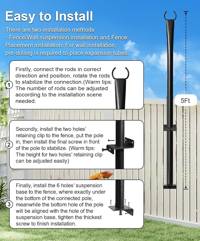 4 Pack String Light Poles for Deck, 5Ft Heavy-Duty Metal Deck Light Poles for Outside with Fixing Clips, Lighting | Lumora