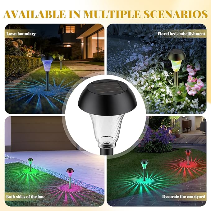 2 Pack Solar Pathway Lights Outdoor, New Upgraded Waterproof LED Lights, 3 Variants (Warm White/Golden/7-Color Slow Flash) with Unique Lamp Shade Patterns, for Garden (2-Pack Colorful Light)