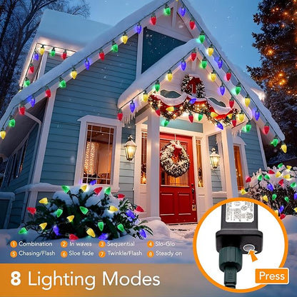 C9 LED Christmas Lights Outdoor,33 Feet 50 LED 8 Lighting Modes Waterproof Connectable Christmas String Lights for Outside Roofline Patio Home Xmas Decorations (Multicolored)