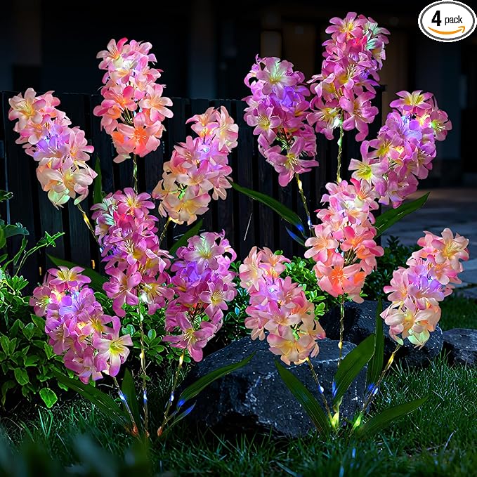 4 Pack Solar Garden Lights Outdoor, Colorful LED Waterproof Solar Powered Hyacinth Flowers Landscape Lights for Outside Yard, Patio, Pathway Decorative, Décor, Gifts, Two Lighting Modes