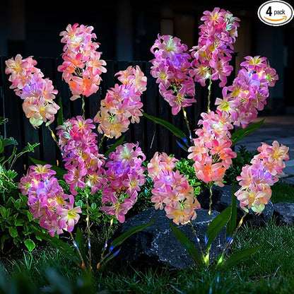 4 Pack Solar Garden Lights Outdoor, Colorful LED Waterproof Solar Powered Hyacinth Flowers Landscape Lights for Outside Yard, Patio, Pathway Decorative, Décor, Gifts, Two Lighting Modes