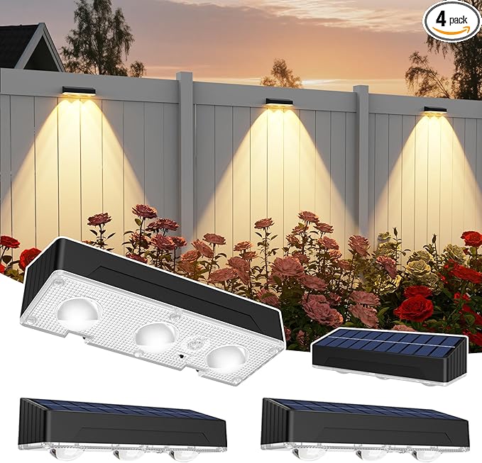 Solar Fence Lights Outdoor，Solar Wall Lights Outdoor Warm/Cool White + RGB Color Changing for Wall,Patio,Backyard,Railing Deck,Porchaily&Holiday Decorations (4 Pack)