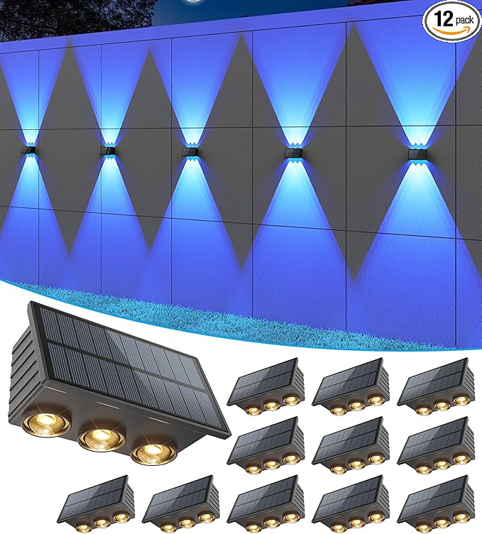 VOLISUN Solar Fence Lights 12 Pack, Color Glow LED Up and Down Wall Lamp, IP65 Waterproof Solar Lights Outdoor for Patio, Backyard, Railing, Deck, Fence and Wall（6 Lenses）