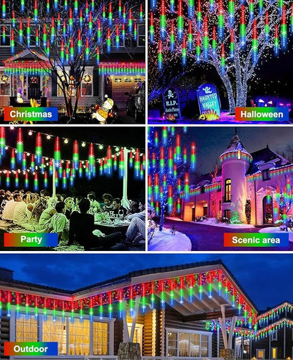 Christmas Lights Outdoor UL Certified Meteor Shower Light 16 Inch 20 Tubes 960 LED Falling Rain Drop Icicle Snow Cascading Lighting for Xmas Tree Wedding Party Garden Decoration, Colorful