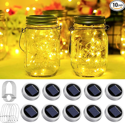 SmilingTown Solar Mason Jar Lights 10 Pack 20 LED Waterproof Outdoor Fairy Firefly String Light Lids with 10 Hangers Rust Resist for Patio Lawn Garden Wedding Lantern Decor No Jars (Warm White)
