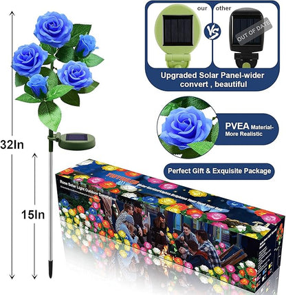 Solar Flower Lights Outdoor - Upgraded New Material Two Modes Realistic LED Solar Powered Waterproof Lights with 5 Roses, Solar Decorative Stake Lights for Garden (Blue, 4 Pack)