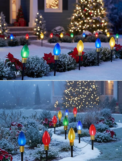 C9 LED Christmas Pathway Lights 7Ft Multicolor Pathway Christmas Lights Walkway Light Outdoor with 4 Colorful Clear Bulbs, Connectable Holiday Commercial Xmas Decoration- Green Wire