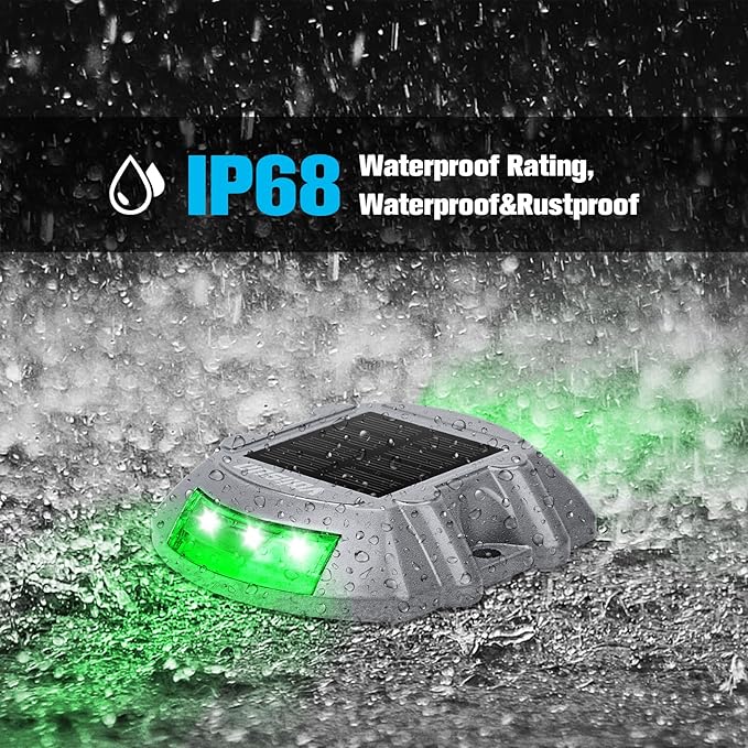 VOLISUN Christmas Solar Deck Lights Driveway Dock Lights, 4-Pack Led IP68 Waterproof Outdoor Warning Step Light for Driveway Sidewalk Garden Pathway Yard(Green, Auto On/Off