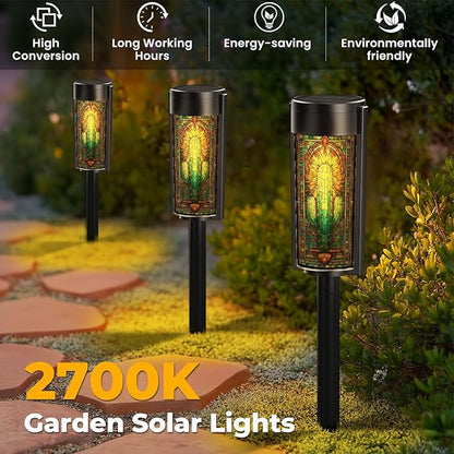 8 Pack Solar Pathway Lights Outdoor Waterproof Stained Glass Window Cactus Sunset Desert Western Motifs Solar Garden Lights LED Landscape Lighting for Yard Walkway Lawn Garden Decor