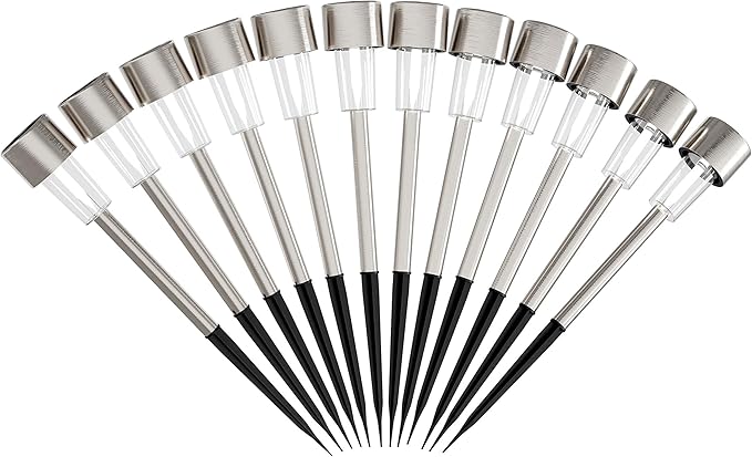 Pure Garden Outdoor Solar Lights - 12-Pack Stainless-Steel LED Lights for Gardens, Pathways, and Patios - Weather-Resistant Stake Lights (Silver)