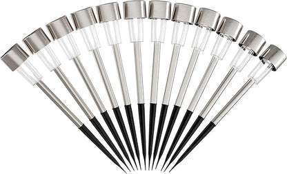 Pure Garden Outdoor Solar Lights - 12-Pack Stainless-Steel LED Lights for Gardens, Pathways, and Patios - Weather-Resistant Stake Lights (Silver)