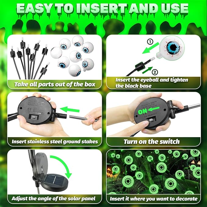 Solar Halloween Lights Decorations Outdoor: 2 Pack 16LED Scary Eyeball Light Swaying for Yard Decor - Green Firefly Ghost Lighting Garden Lawn Pathway Party Outside Decorative
