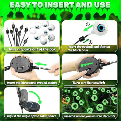 Solar Halloween Lights Decorations Outdoor: 2 Pack 16LED Scary Eyeball Light Swaying for Yard Decor - Green Firefly Ghost Lighting Garden Lawn Pathway Party Outside Decorative
