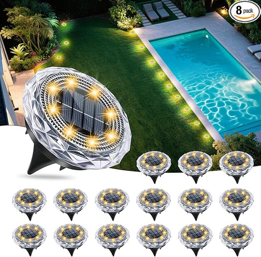 Solar Ground Lights,Solar Disc Light Outdoor Waterproof,Landscape Lighting Garden Lights for Pathway, Yard, Deck, Lawn, Patio, Swimming Pool, Walkway(Warm, 16Pack)