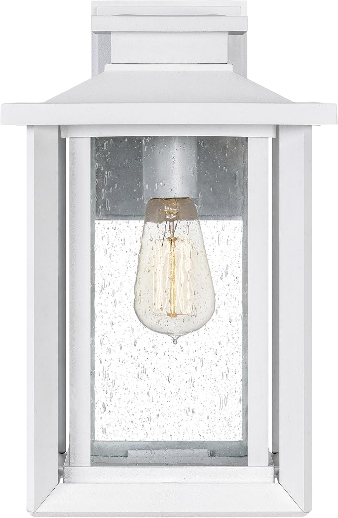 Quoizel Wakefield Vintage Wall Sconce, Coastal Armour 14 Inch 1-Light Matte White Wall Lantern, Clear Seedy Glass | Lumora